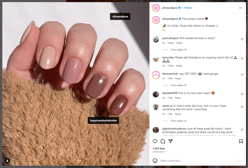 oliveandjune instagram example ugc affiliate program