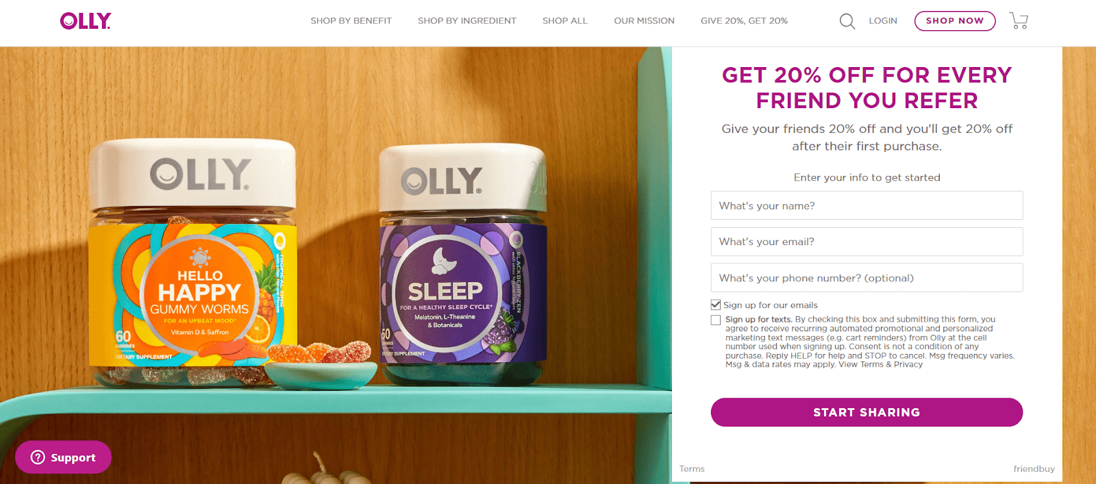 olly loyalty program landing page referral widget-min